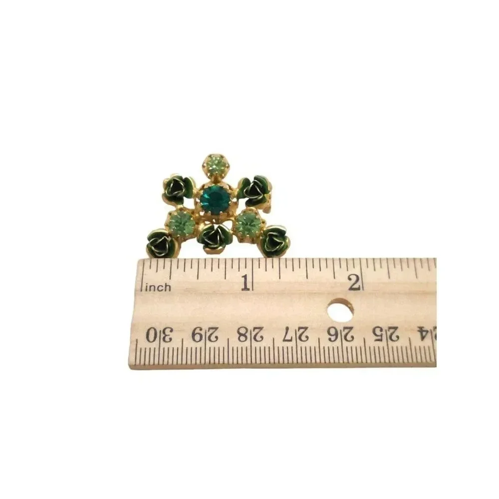Austrian Green Crystal Enamel Flower Brooch Pin Gold Tone Vintage